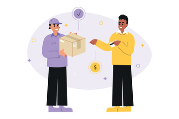The courier delivers the parcel to the customer. Delivery of purchases to the customer. Logistics and shopping. Flat vector illustration