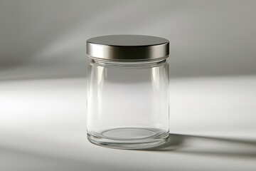 Minimalist glass jar with silver lid on soft white background casting subtle shadow in studio setting