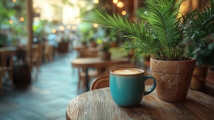 Fototapeta premium Flat Lay Mockups, Cozy Café Ambience with a Cup of Coffee and Greenery – Warm Aesthetic, Relaxing Atmosphere, Rustic Table, Latte Art, Indoor Plants, and Soft Bokeh Lights in Background,