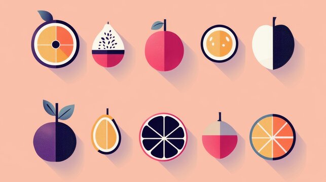 Minimalist fruit set featuring essential characteristic details, geometric interpretation of natural textures and patterns, thoughtful color blocking technique, clean outlines defining each fruit
