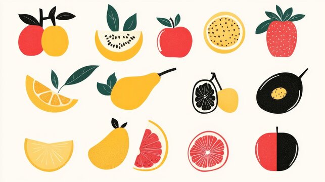 Minimalist fruit set featuring essential characteristic details, geometric interpretation of natural textures and patterns, thoughtful color blocking technique, clean outlines defining each fruit