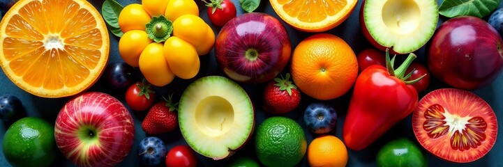 Colorful abstract food arrangement with fruits and vegetables, fruits, composition