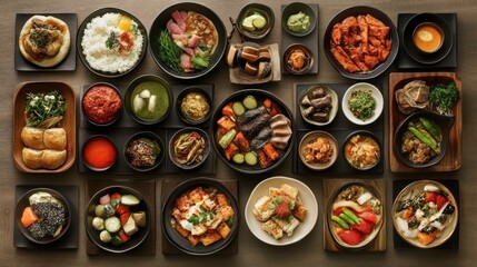elegant arrangement of korean banchan dishes showcasing a colorful and diverse culinary spread on a dark wooden table top ambiance