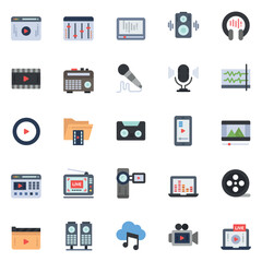 Set of color audio and video icons. Camera, microphone, cassette, player, music record. Vector illustration