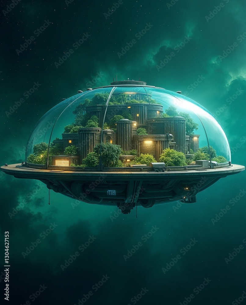 Poster a futuristic city in a transparent dome hovering in the sky, a symbol of innovation and the future