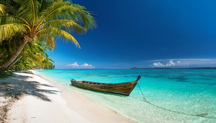Fototapeta premium A hidden tropical beach with crystal-clear turquoise water, overhanging palm trees providing shade, and a wooden boat gently resting on the shore, offering a peaceful paradise retreat. 