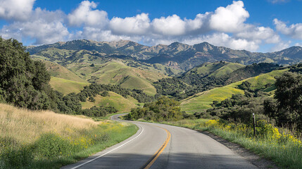 Fototapeta premium A winding road through lush green hills under a bright blue sky with scattered clouds, showcasing a serene landscape.