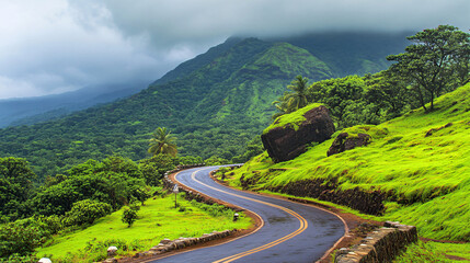 Fototapeta premium A winding road cuts through lush green hills under a cloudy sky, creating a picturesque landscape that invites exploration and adventure.