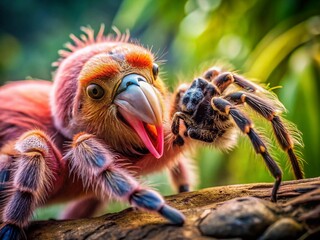 Obraz premium Macro Photography: Brazilian Salmon Pink Bird Devouring Tarantula – Vivid Wildlife Close-Up