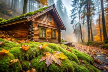 Obraz premium Macro Photography: Chalet Detail in Misty Forest - Wooden Texture, Dew Drops, Autumn Leaves