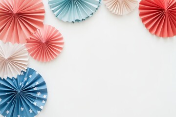 USA-themed paper fans and confetti are arranged on a white desk table from a top view, accompanied by a banner mockup for Labor Day, Independence Day, and Presidents Day