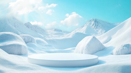 Serene winter landscape with snowy mountains and a minimalist platform for product display in a bright and airy scene