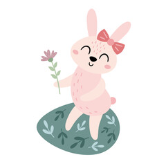 Easter bunny clipart. Happy Easter day. Cute bunny in cartoon flat style. Hand draw vector illustration