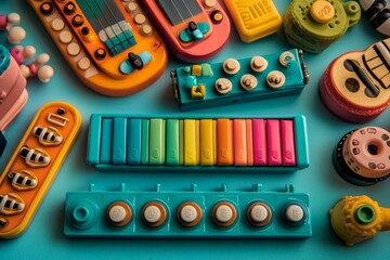 Naklejka premium A pastel blue background showcases a top view of flat lay baby toys in a variety of colors for educational purposes