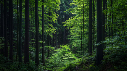 Obraz premium A lush green forest with tall trees, sunlight filtering through the leaves, creating a serene and tranquil atmosphere.
