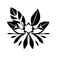 Black abstract floral design with a symmetrical arrangement of leaves, showcasing organic style.