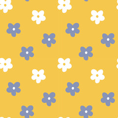 seamless minimal white and blue color flower repeat pattern in yellow background, flat vector illustration graphic design