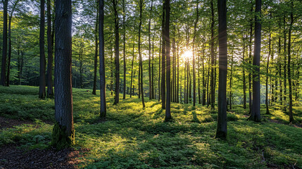 Fototapeta premium A serene forest scene with tall trees bathed in soft sunlight, creating a peaceful ambiance amidst lush greenery.