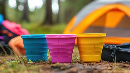 Lightweight collapsible cups in vibrant colors, showcased in a cozy camping setup with reusable travel gear