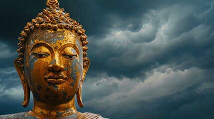 Fototapeta premium A golden Buddha statue in front of a cloudy sky.
