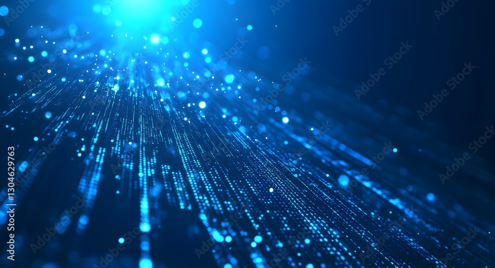 Poster a vibrant abstract image representing a digital network or data flow. featuring streams of glowing p