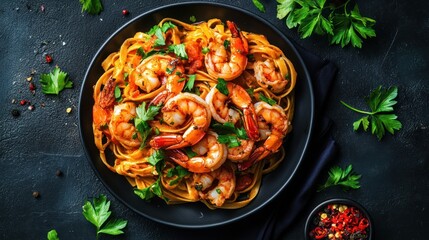 delicious seafood linguine a gastronomic delight featuring succulent shrimp tossed with pasta and aromatic herbs in a dark and moody setting