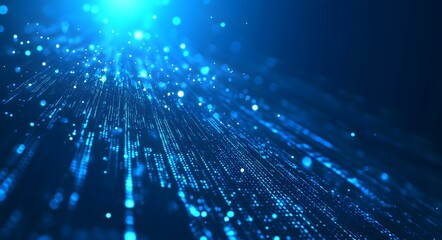 a vibrant abstract image representing a digital network or data flow. Featuring streams of glowing particles in shades of blue