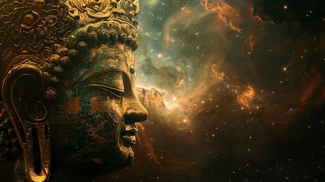The side profile of a golden Buddha statue in front of a cosmic nebula background. - Powered by Adobe
