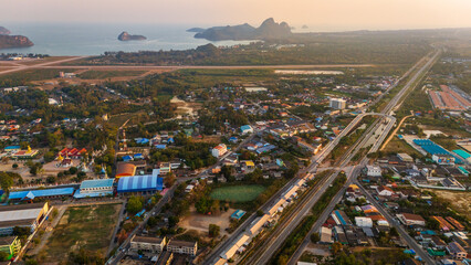 Fototapeta premium Aerial sunset view of Prachuap Khiri Khan is a town in Thailand travel destination 