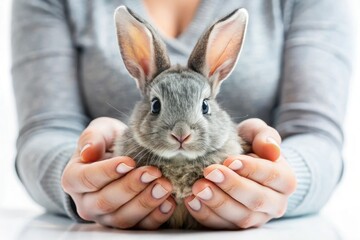 Naklejka premium Adorable gray baby rabbit, small and fluffy, held lovingly; a panoramic view of pure cuteness.