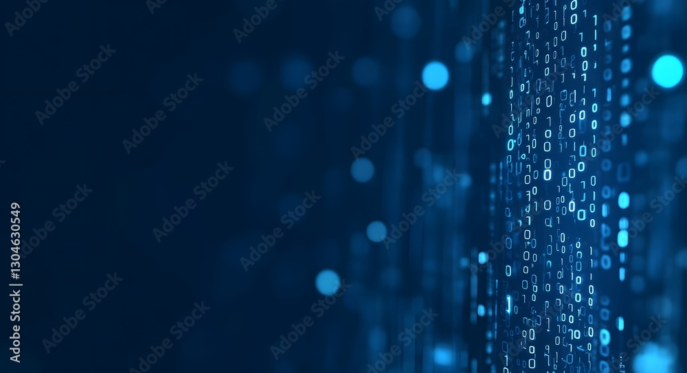 Poster a futuristic binary code and data stream on a blue background, illustrating concepts of technology a