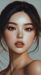 Beautiful female portrait showcasing flawless skin, captivating eyes, and soft lips, ideal for beauty and fashion themes.