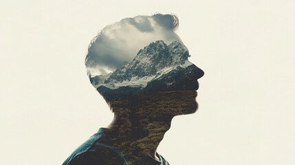 Portrait photography, man's head in focus, mountain range blending into his hairline, clean background, minimalist and simple design, cool tones, sharp details, realistic, hyper-realistic photography.