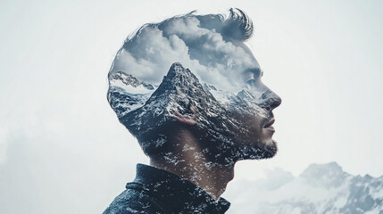 Portrait photography, man's head in focus, mountain range blending into his hairline, clean background, minimalist and simple design, cool tones, sharp details, realistic, hyper-realistic photography.