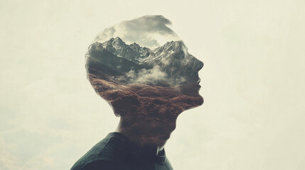 Portrait photography, man's head in focus, mountain range blending into his hairline, clean background, minimalist and simple design, cool tones, sharp details, realistic, hyper-realistic photography.