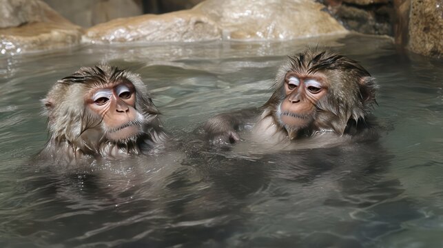 Majestic snow monkeys of Nagano, their fur glistening with water as they relax in steaming natural hot pools