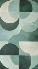 A modern abstract artwork featuring overlapping geometric shapes in soothing green and cream tones, creating a calming visual symphony.
