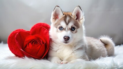 Fototapeta premium A fluffy Siberian Husky puppy's Valentine: a charming rose heart, capturing cuteness.