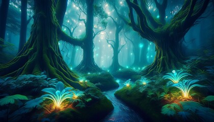 An enchanted forest bathed in the soft glow of bioluminescent plants, with mist swirling between twisted trees, creating a magical and mysterious atmosphere.
