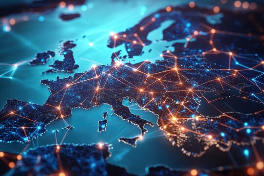 Digital connections on an abstract map of Western Europe, symbolizing global networking and communication - Powered by Adobe