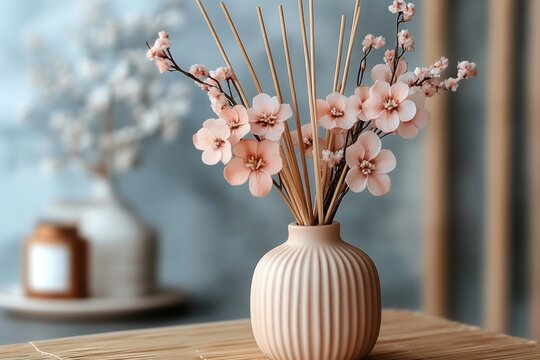 Elegant ceramic vase with pink flowers and decorative branches on a natural bamboo table in a stylish interior setting