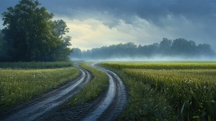 Fototapeta premium Winding dirt road through misty field after rain.