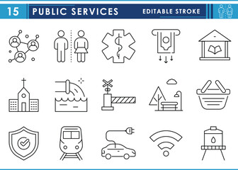 A set of line icons related to Public Services. Communication, payment, library, church, park, and so on. Vector editable stroke.