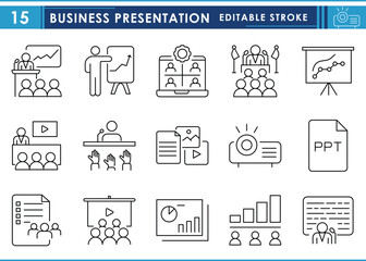 A set of line icons related to Business Presentation. Present, online, video, presentation, projector, slides, political, and so on. Vector editable stroke.