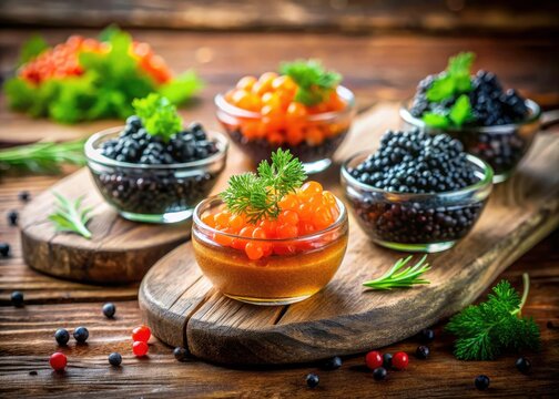 Rustic Lumpfish Caviar Top View: Fresh Seafood Appetizer, Long Exposure Food Photography