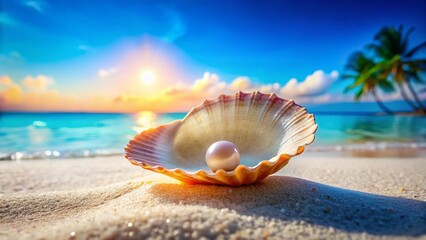 Macro Photo: Open Seashell with Pearl on Tropical Sandy Beach