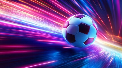 Obraz premium Soccer ball speeds through a dynamic, colorful, light-filled tunnel