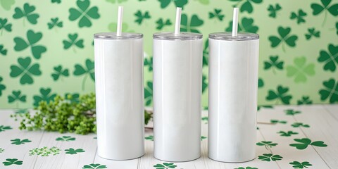 Three white skinny tumblers with lids and straws, standing against a festive green shamrock background. Perfect for St. Patrick’s Day designs, branding, or drinkware customization.