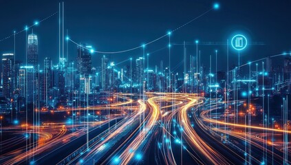 Fototapeta premium Smart city at night with digital network overlay.