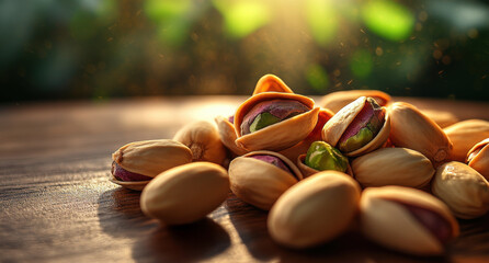 Fototapeta premium Sunlight illuminates pistachios resting on a wooden table amidst a serene outdoor setting during the golden hour of the evening